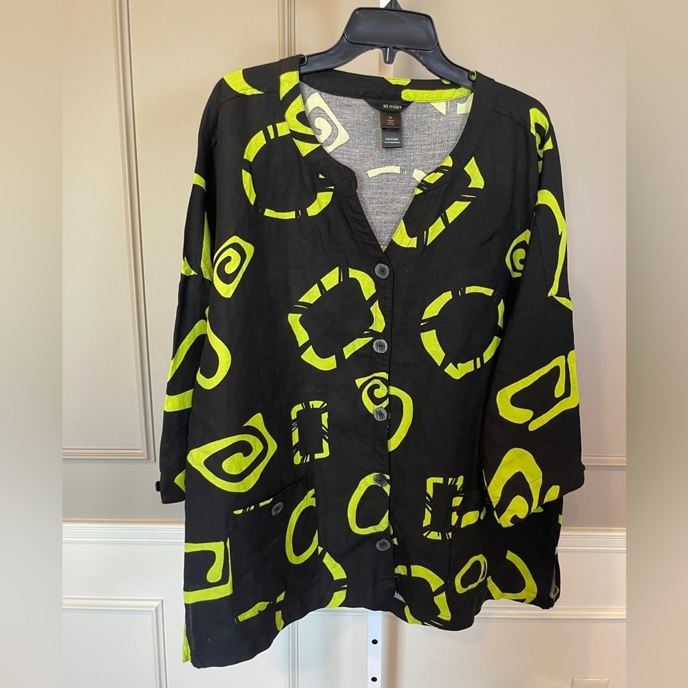 Ali Miles NWT XL Linen Button Down Black Lime Abstract Shapes Pockets Bold